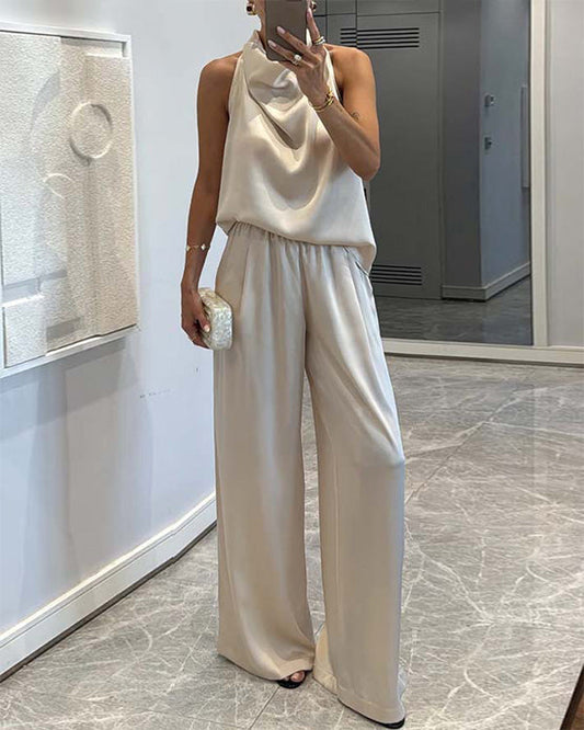 Facerya Satin Neckholder Top und Hose Set