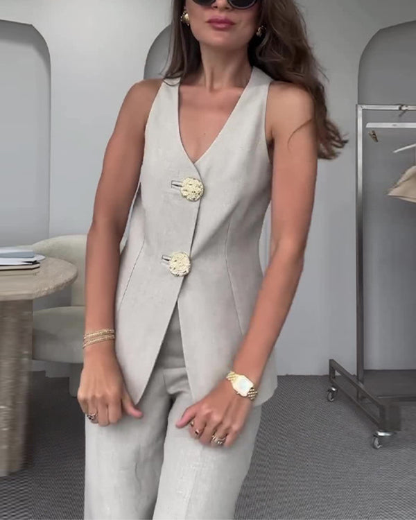 Facerya Weste mit Goldknöpfen und Cityhose Set (12 Farben)