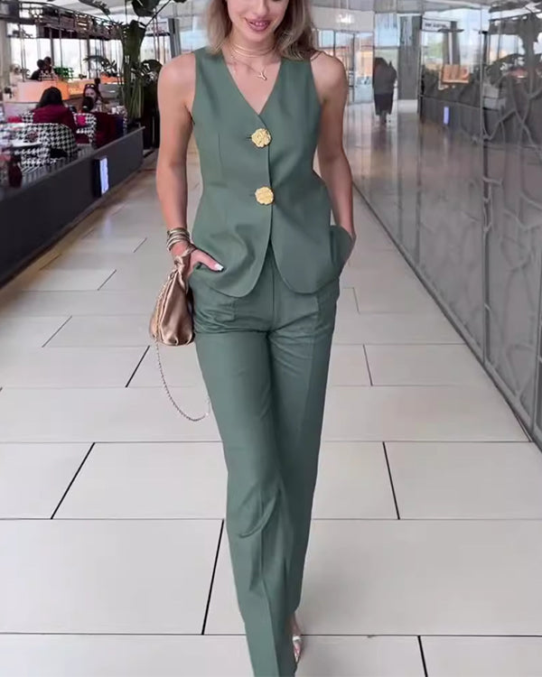 Facerya Weste mit Goldknöpfen und Cityhose Set (12 Farben)