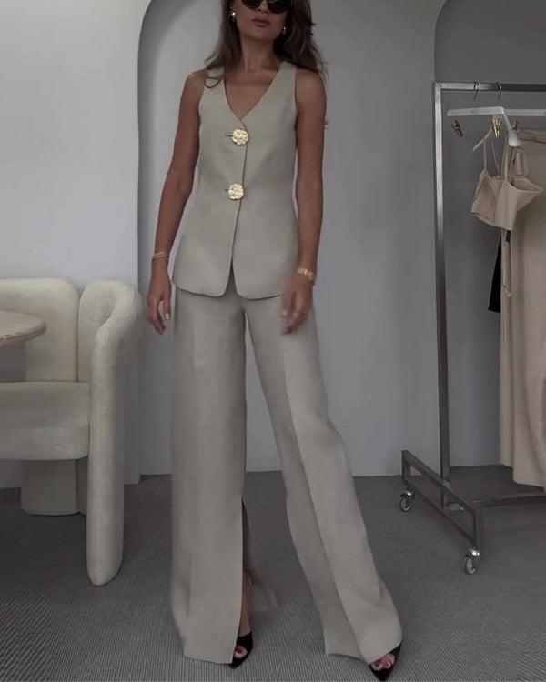 Facerya Weste mit Goldknöpfen und Cityhose Set (12 Farben)