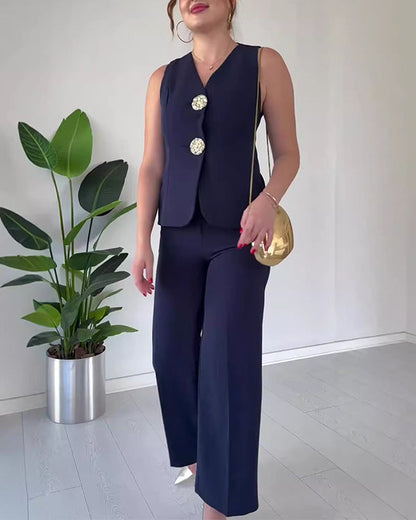 Facerya Weste mit Goldknöpfen und Cityhose Set (12 Farben)