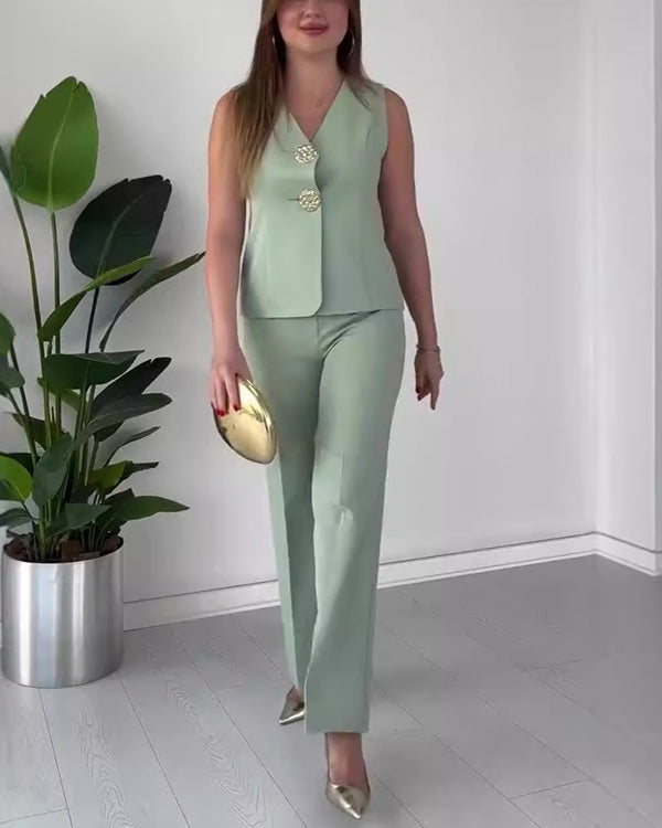 Facerya Weste mit Goldknöpfen und Cityhose Set (12 Farben)
