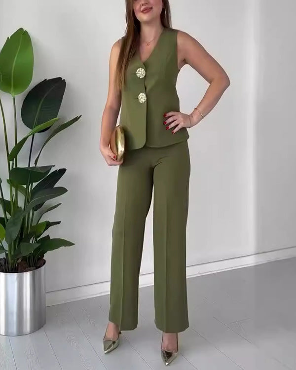 Facerya Weste mit Goldknöpfen und Cityhose Set (12 Farben)