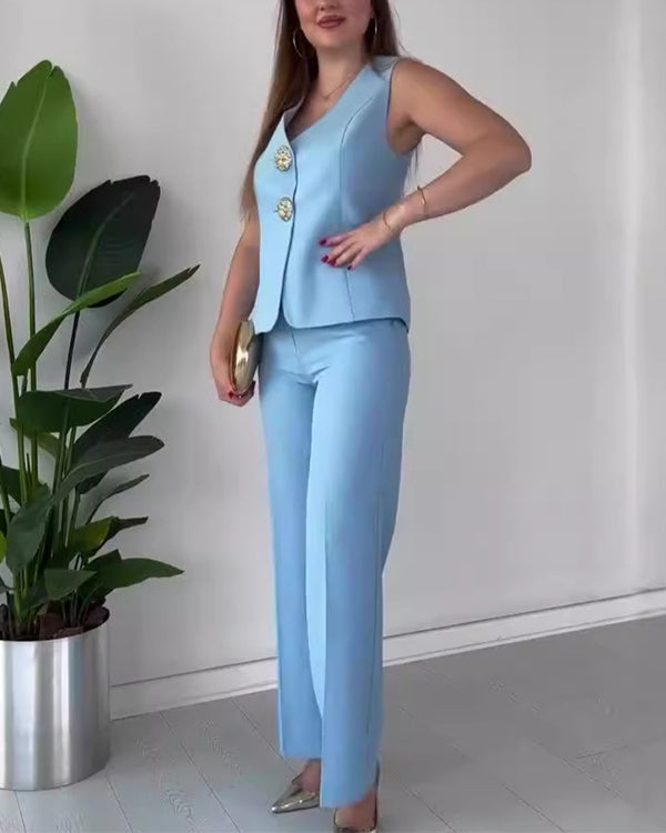 Facerya Weste mit Goldknöpfen und Cityhose Set (12 Farben)
