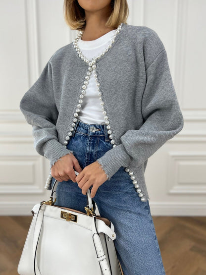 Cardigan mit Perlenbesatz und gefranstem Saum