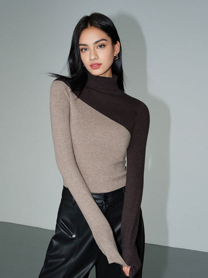 Asymmetrisches Patchwork-Strickoberteil mit langen Ärmeln und Stehkragen