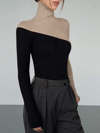 Asymmetrisches Patchwork-Strickoberteil mit langen Ärmeln und Stehkragen
