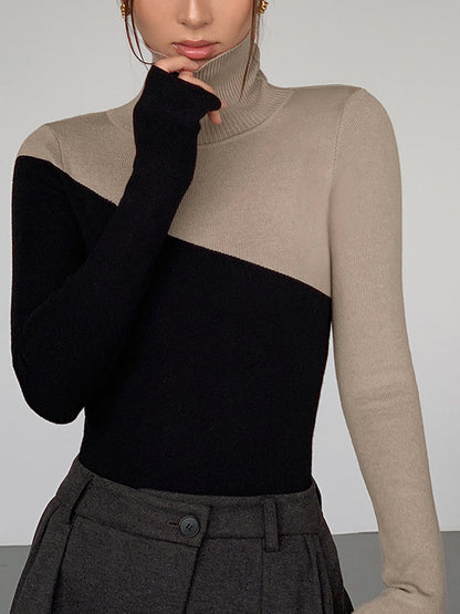 Asymmetrisches Patchwork-Strickoberteil mit langen Ärmeln und Stehkragen