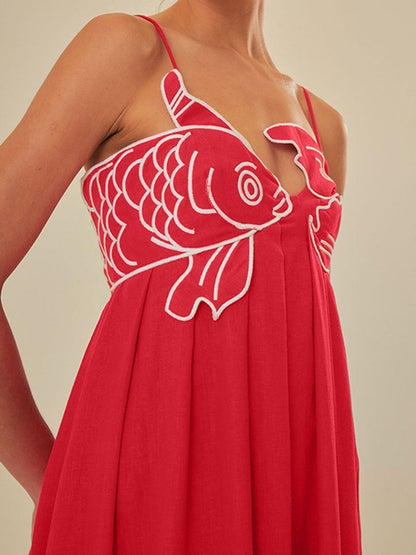 Halbtransparenter Cami-Kleid mit aufgesticktem Fischmotiv
