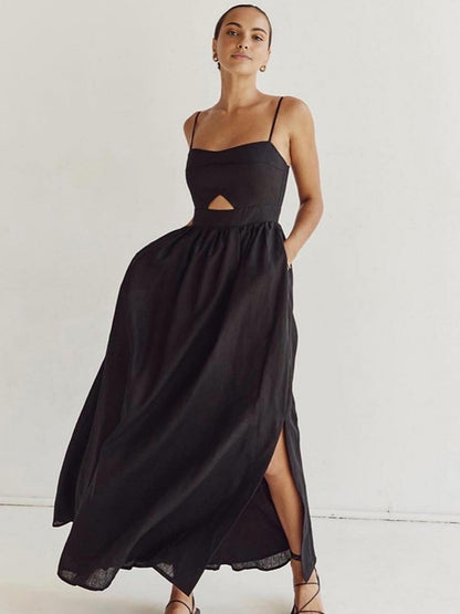 Baumwoll-Maxikleid ärmellos mit Taschen und Cut-Outs
