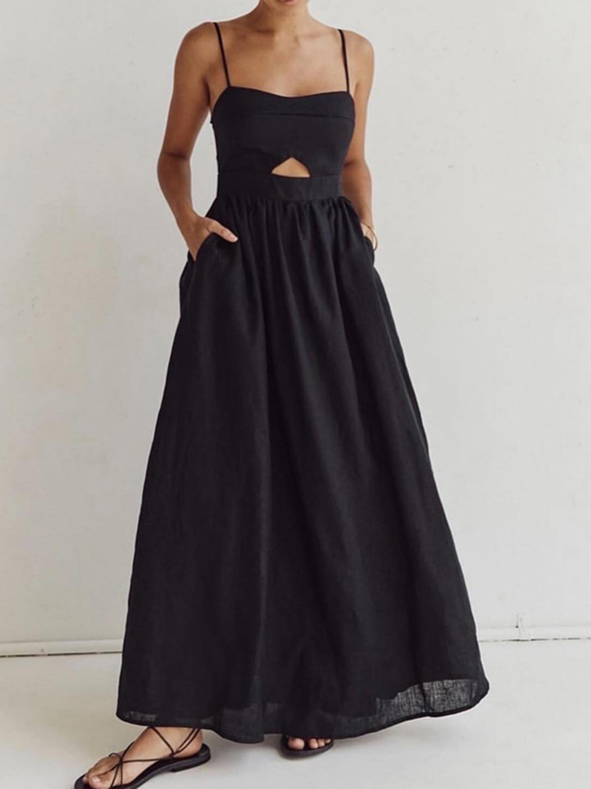 Baumwoll-Maxikleid ärmellos mit Taschen und Cut-Outs