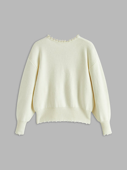 Cardigan mit Perlenbesatz und gefranstem Saum