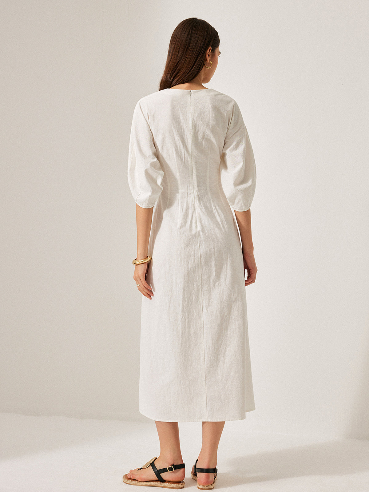 Baumwoll-Leinen-Kleid mit Puffärmeln ohne Gürtel