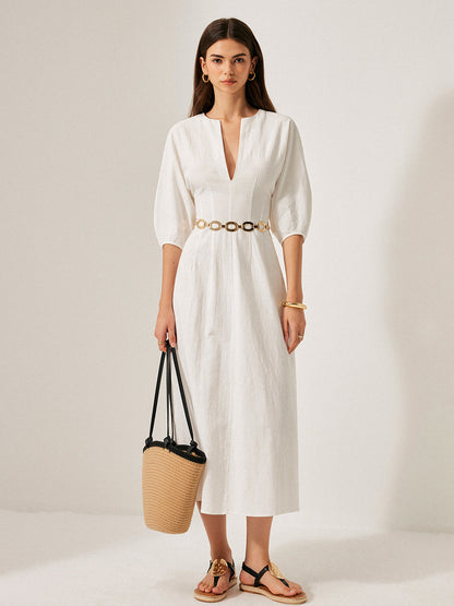 Baumwoll-Leinen-Kleid mit Puffärmeln ohne Gürtel