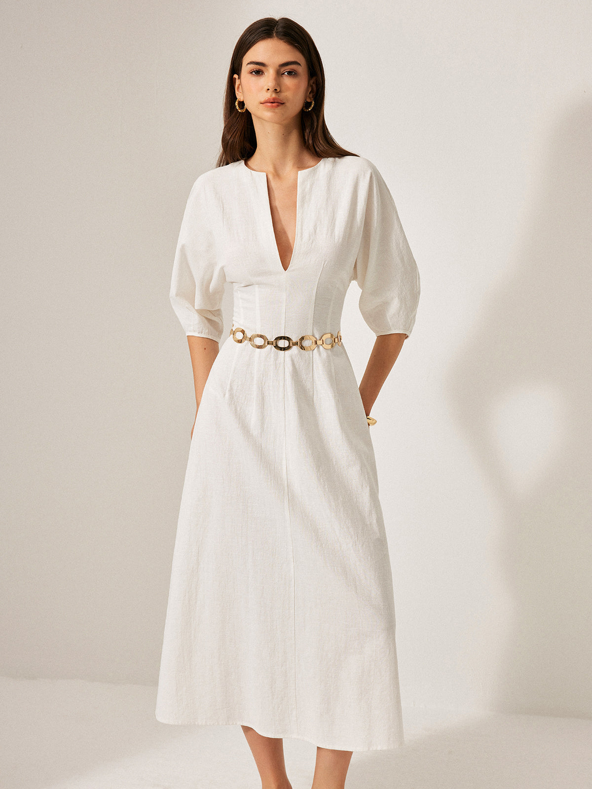 Baumwoll-Leinen-Kleid mit Puffärmeln ohne Gürtel