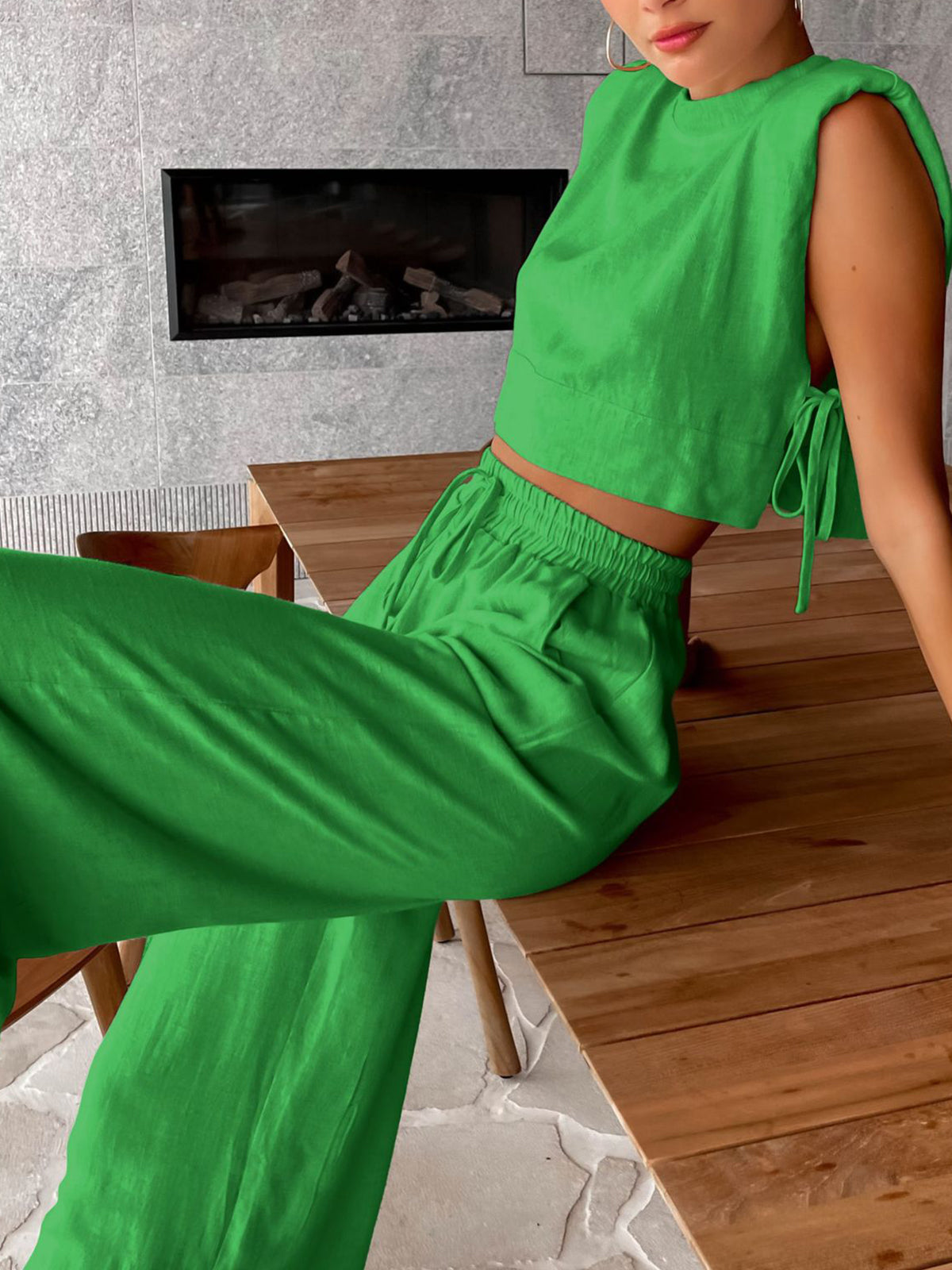 Zweiteiliges Hosen-Set mit weitem Bein aus Leinen