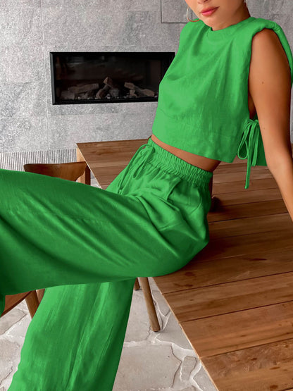 Zweiteiliges Hosen-Set mit weitem Bein aus Leinen