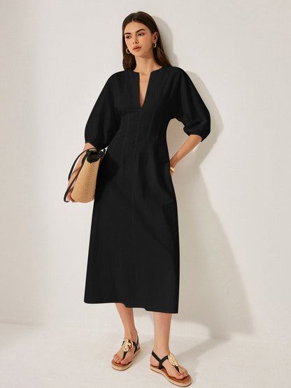 Baumwoll-Leinen-Kleid mit Puffärmeln ohne Gürtel