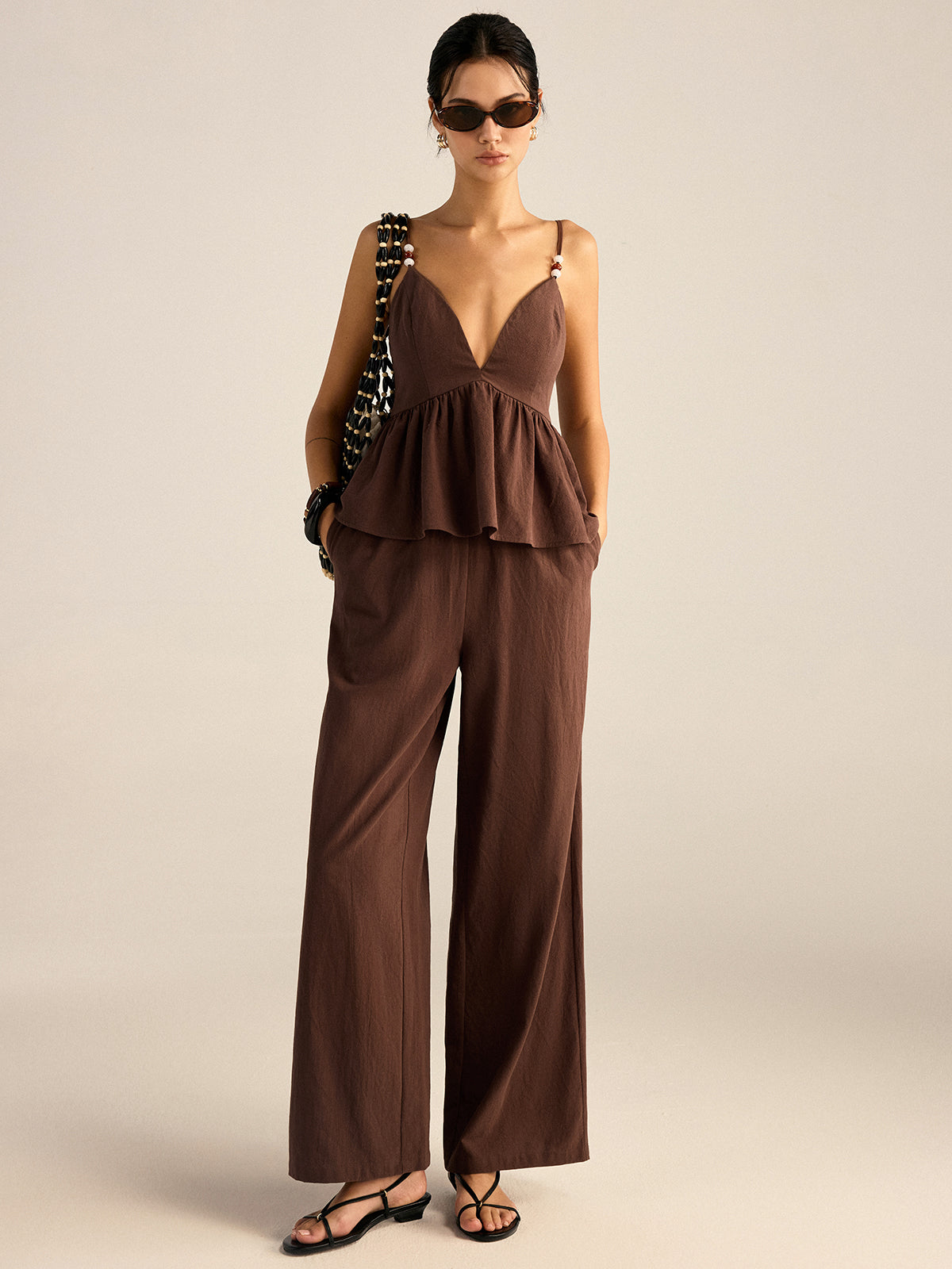 Baumwoll-Peplum-Oberteil mit Perlen und Hose-Set