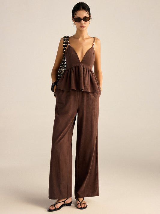 Baumwoll-Peplum-Oberteil mit Perlen und Hose-Set