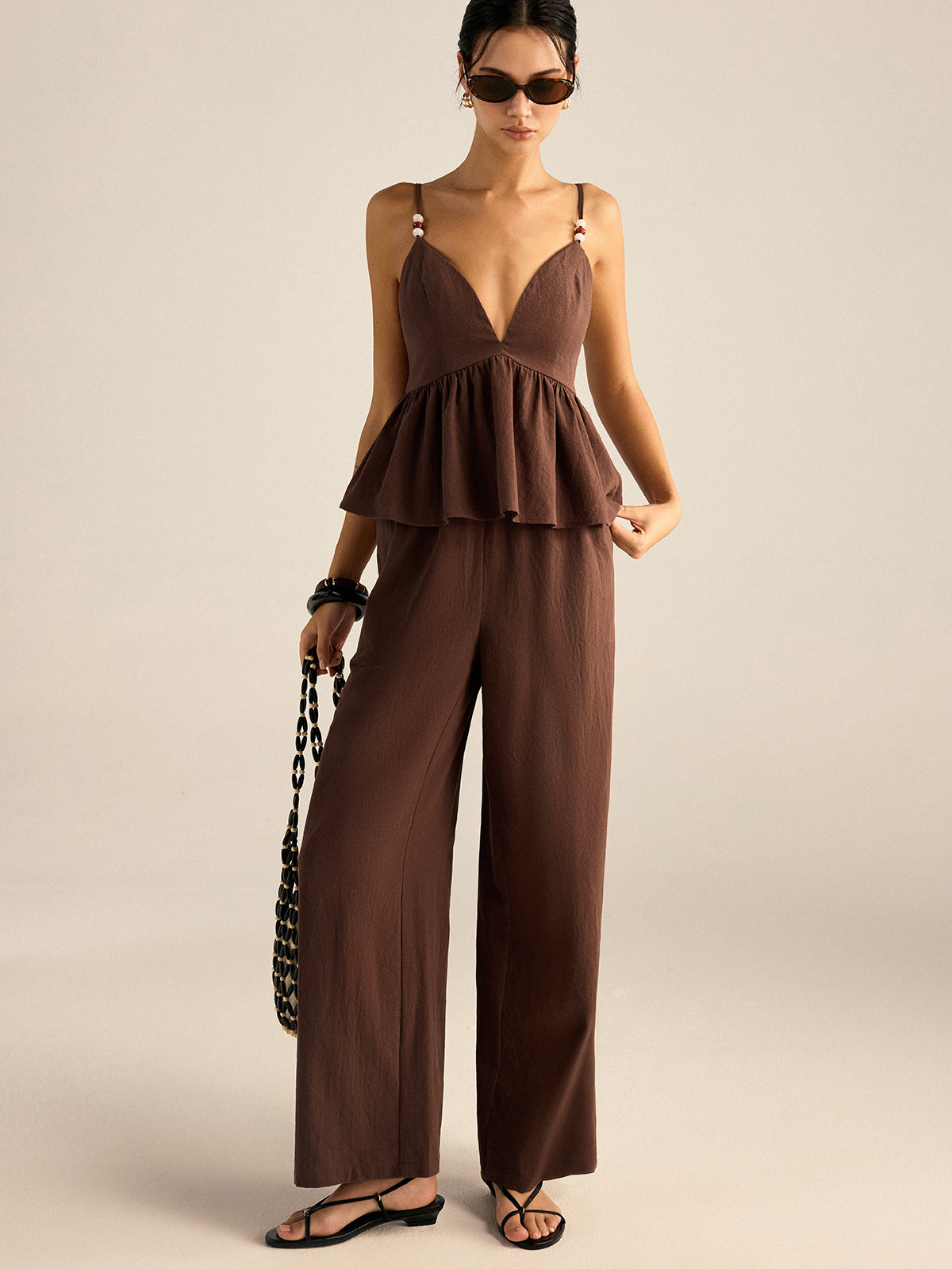 Baumwoll-Peplum-Oberteil mit Perlen und Hose-Set