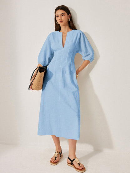 Baumwoll-Leinen-Kleid mit Puffärmeln ohne Gürtel