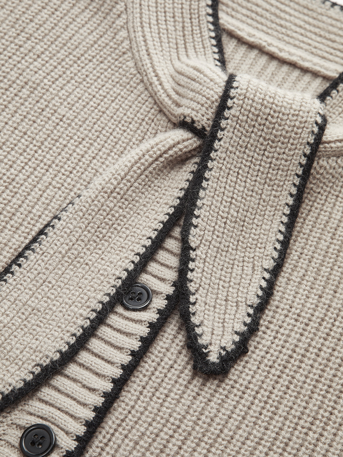 Cardigan aus Wollmix mit Bindekragen und Kontrastbesatz
