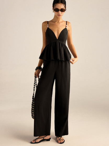 Baumwoll-Peplum-Oberteil mit Perlen und Hose-Set
