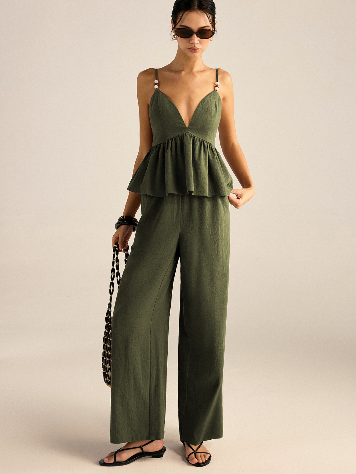 Baumwoll-Peplum-Oberteil mit Perlen und Hose-Set