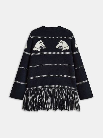 Strickjacke mit Pferde-Muster, Wollmischung und Fransen
