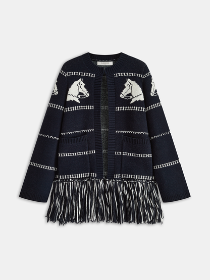 Strickjacke mit Pferde-Muster, Wollmischung und Fransen