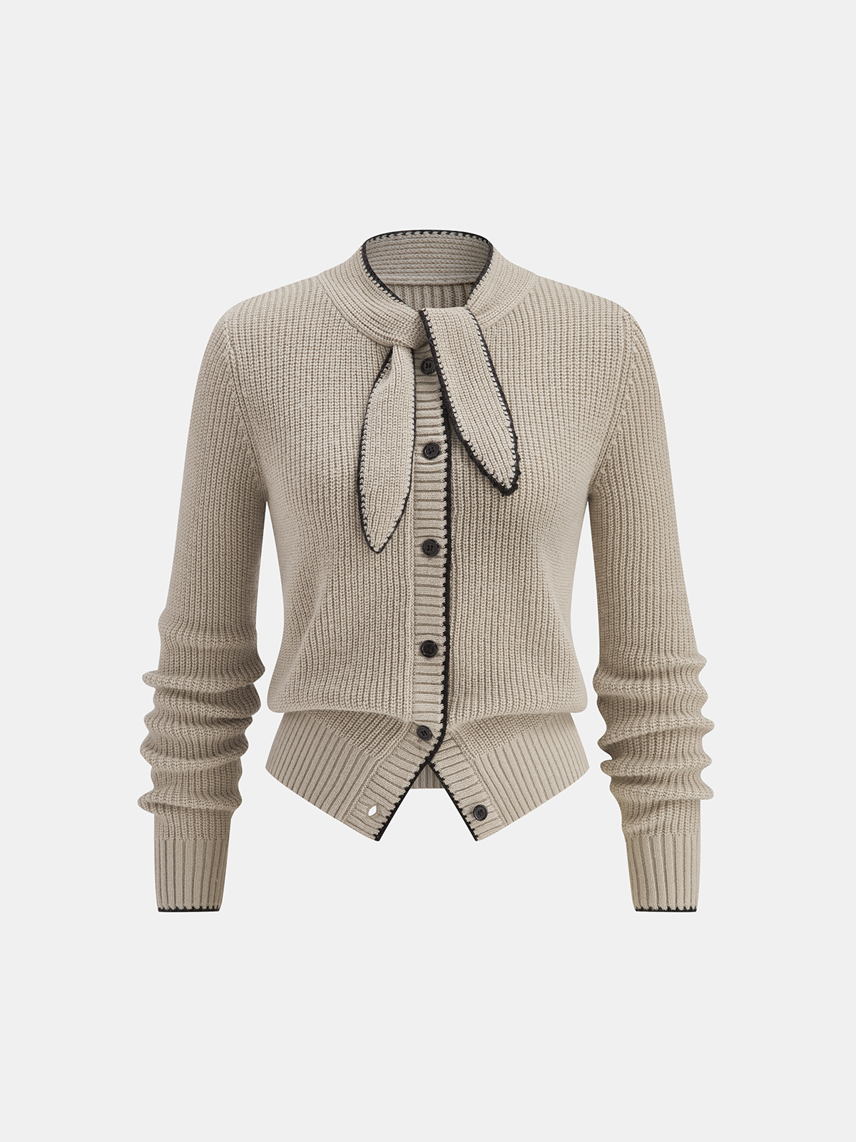Cardigan aus Wollmix mit Bindekragen und Kontrastbesatz