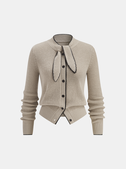 Cardigan aus Wollmix mit Bindekragen und Kontrastbesatz