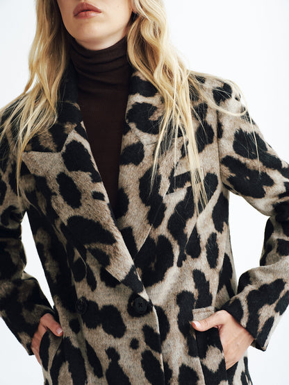 Mantel aus Wollmischung mit Leopardenmuster und doppelreihiger Knopfleiste