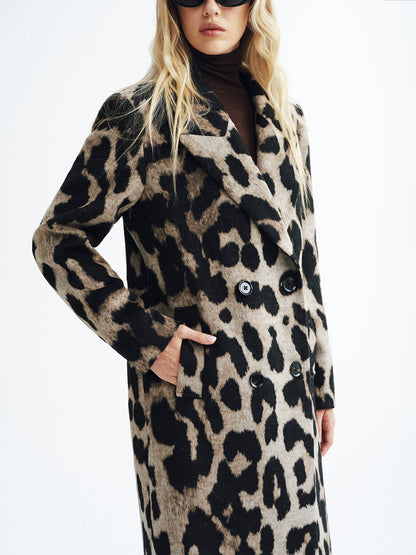 Mantel aus Wollmischung mit Leopardenmuster und doppelreihiger Knopfleiste