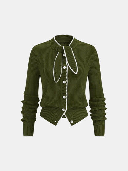 Cardigan aus Wollmix mit Bindekragen und Kontrastbesatz