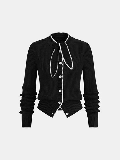 Cardigan aus Wollmix mit Bindekragen und Kontrastbesatz