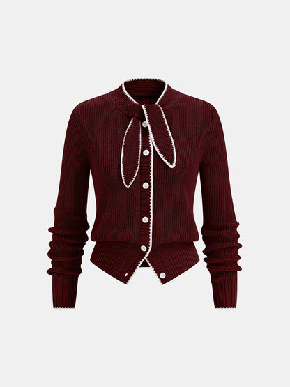 Cardigan aus Wollmix mit Bindekragen und Kontrastbesatz