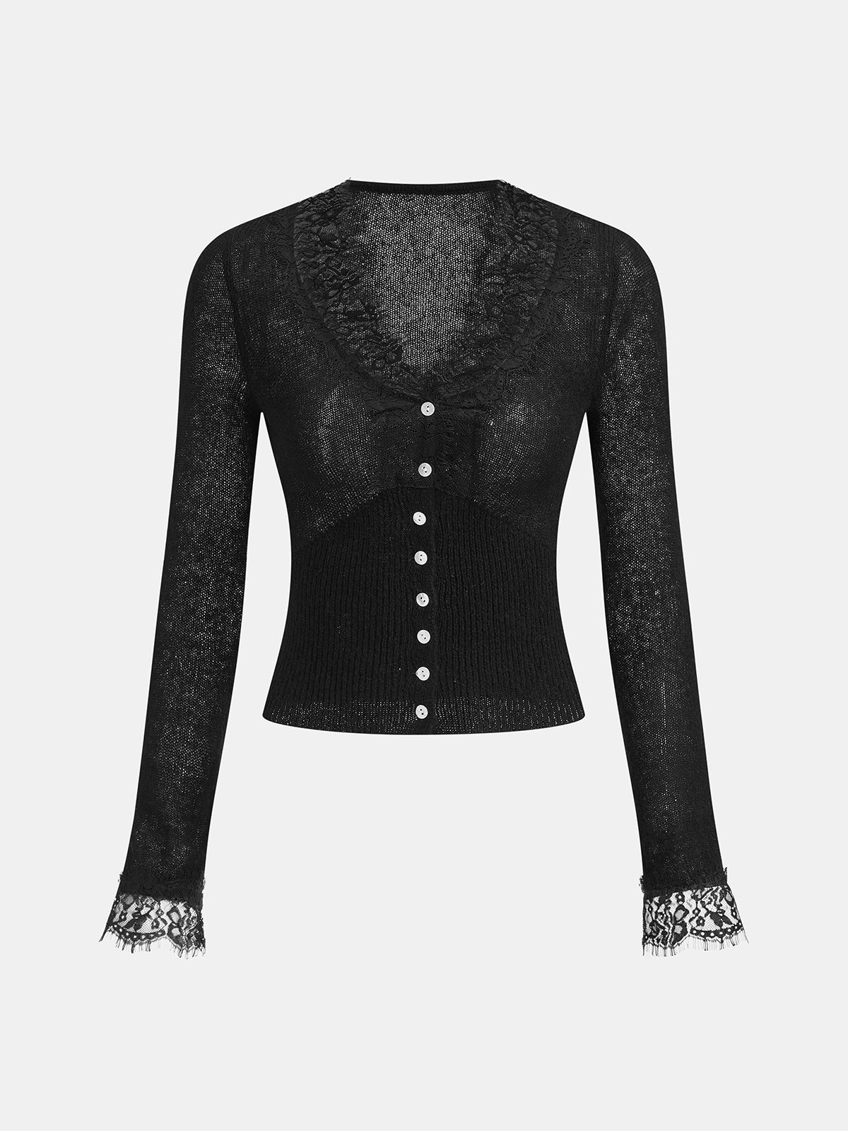 Stricktop aus Wollmischung mit V-Ausschnitt und Spitze