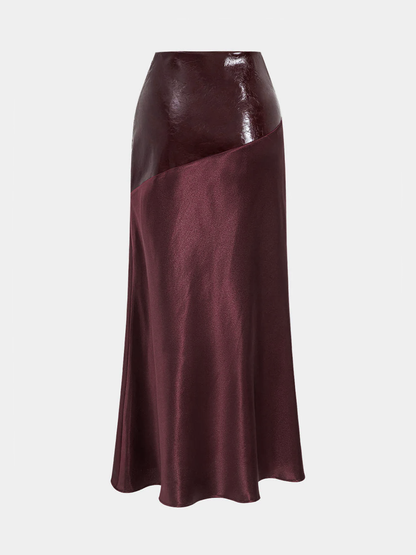 Maxirock aus Satin mit asymmetrischem Einsatz aus Kunstleder