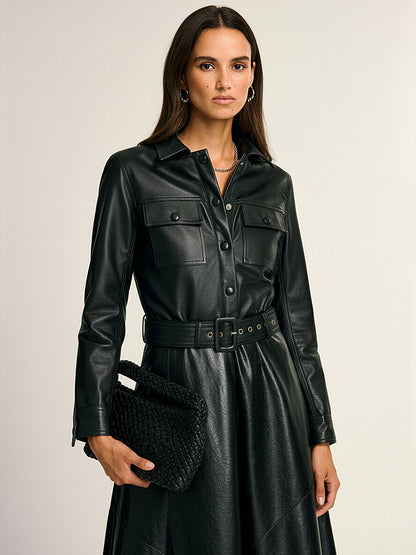 Gürtelhemdjacke aus PU-Leder mit Cargotaschen
