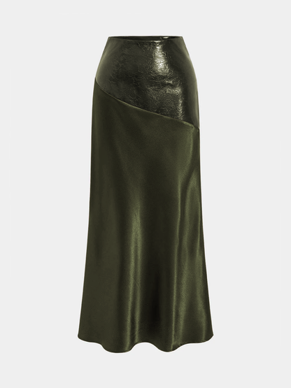 Maxirock aus Satin mit asymmetrischem Einsatz aus Kunstleder