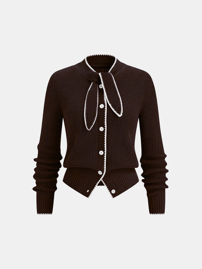 Cardigan aus Wollmix mit Bindekragen und Kontrastbesatz