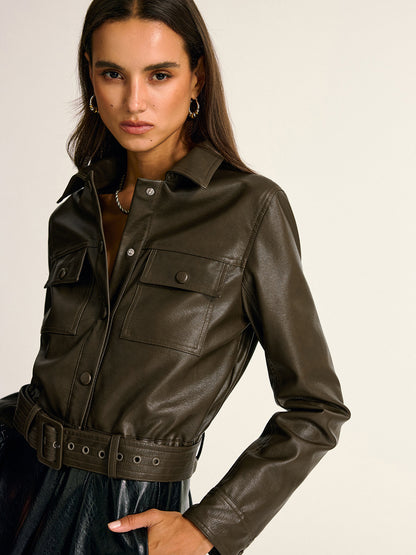 Gürtelhemdjacke aus PU-Leder mit Cargotaschen