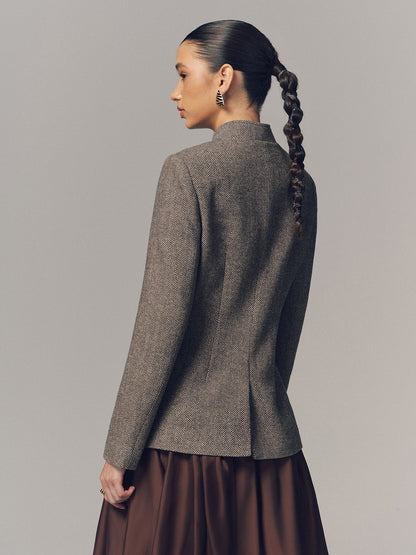 Fischgrätjacke mit Stehkragen und mehreren Taschen