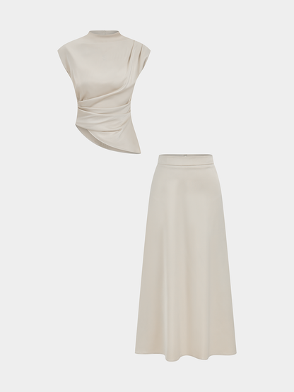 Satin-Set aus asymmetrischem, gerafftem Top und Midirock