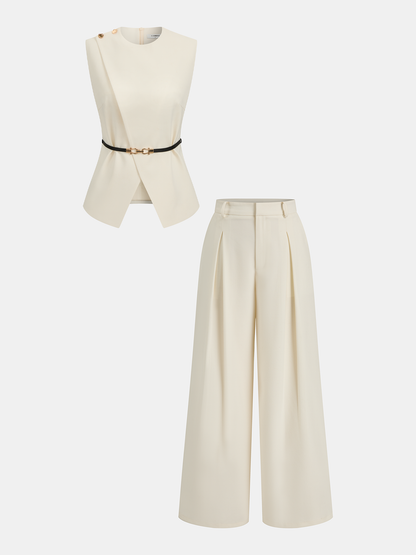 Ärmelloses Oberteil mit Gürtel und plissierte Hose Set