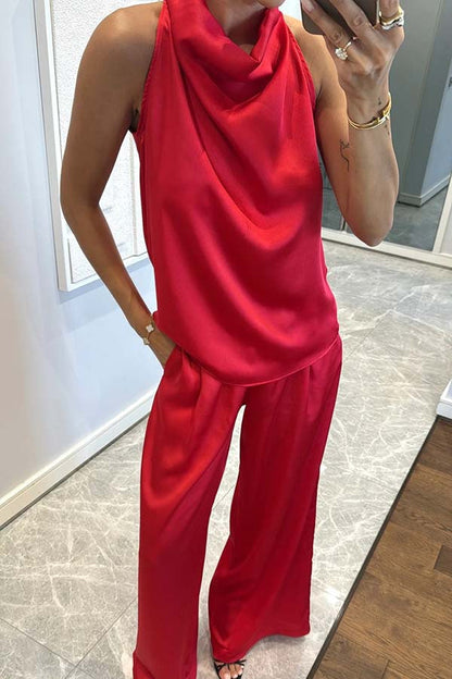 Facerya Satin Neckholder Top und Hose Set