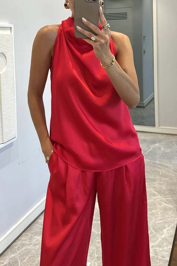 Facerya Satin Neckholder Top und Hose Set