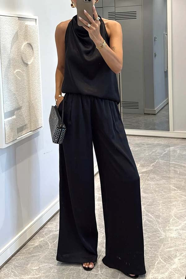 Facerya Satin Neckholder Top und Hose Set